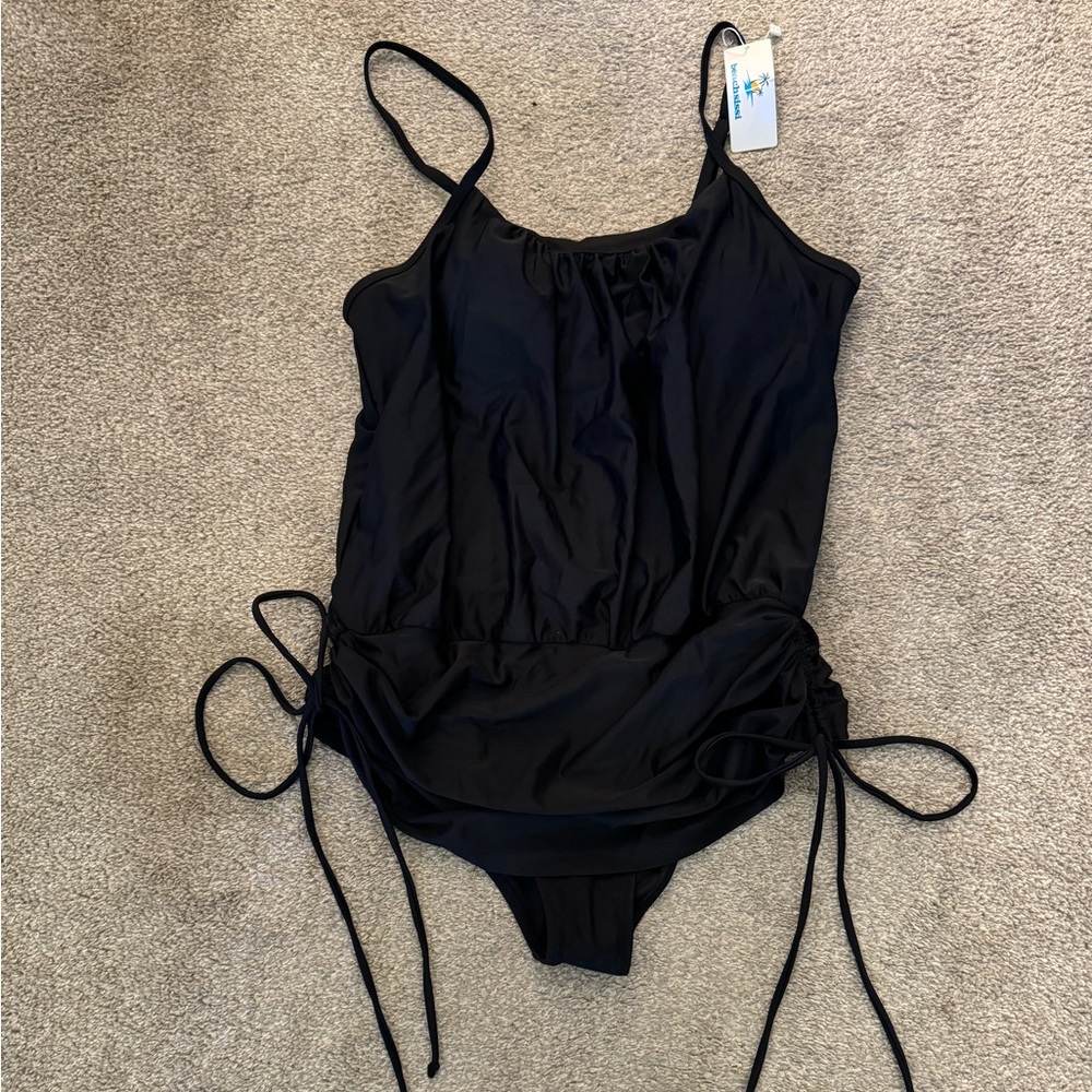 Black one piece bathing suite with ties